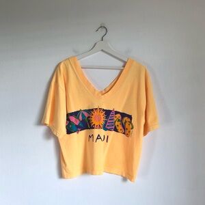 Vintage 1993 Maui Yellow Beach V-Neck Crop T-Shirt Top Retro Hawaiian Vacation